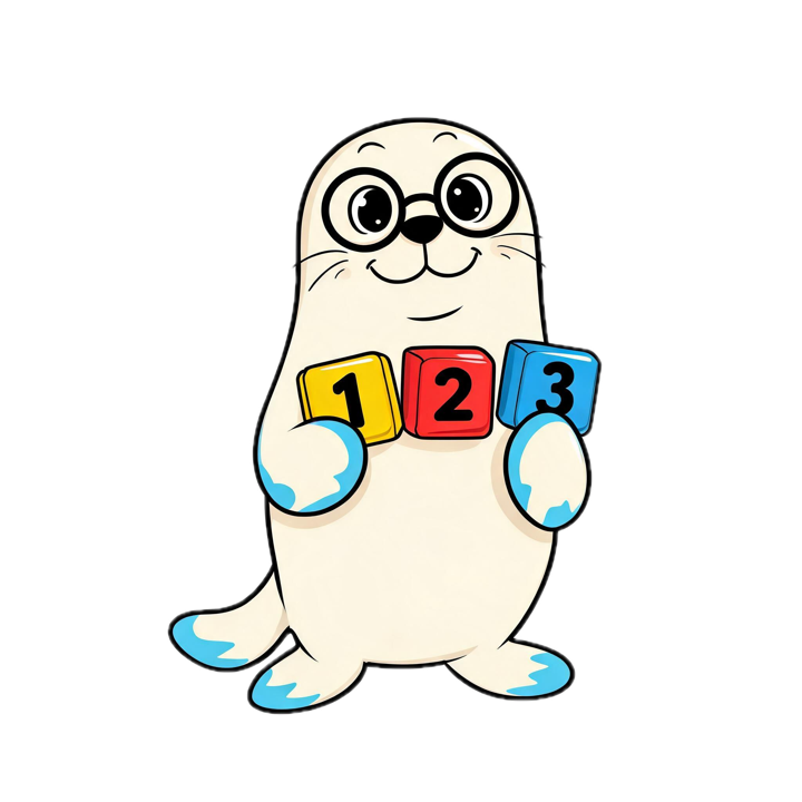 数学老师圆圆海豹，戴圆眼镜，举着数字积木